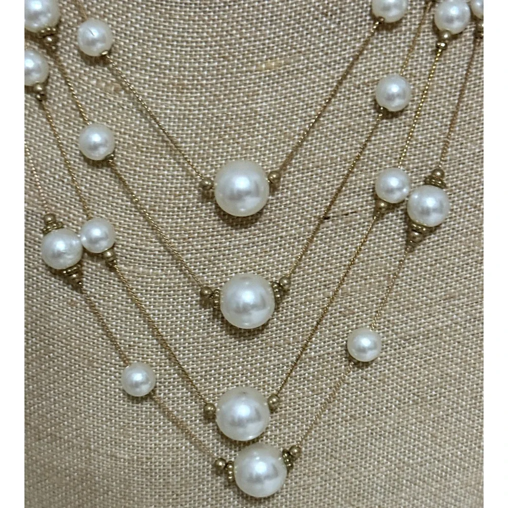 Vintage Gold Tone Faux Pearl Layered Necklace Beauty Necklace Adjustable Chain